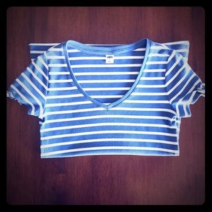 Blue & White V Neck Keyhole Sleeve Tee